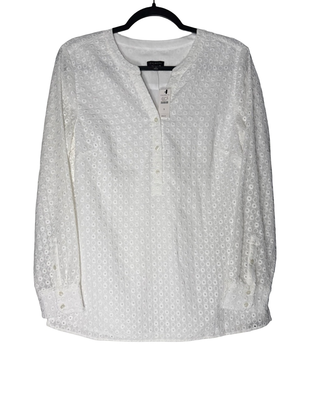 Talbots Eyelet Floral Embroidered Blouse White Long Sleeve Top Size Small NWT